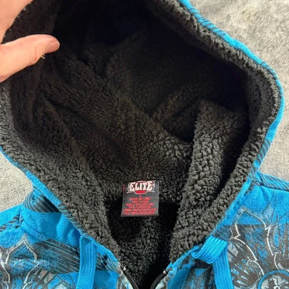 Vintage Y2K MMA Elite Hoodie Size L Blue Sherpa Lined Zip Up Skull Affliction - Picture 11 of 12